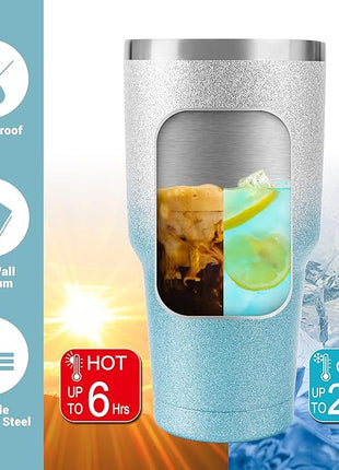 D·S 30 oz Tumbler Blue Glitter Gradient Cup Stainless Steel Double Wall Vacuum Insulated Mug with Straw and Lid, Cleaning Brush for Cold and Hot Beverages