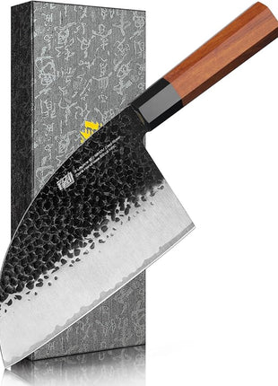 FINDKING Dynasty Series Serbian Chefs Knife with Leather Sheath, Heavy Duty Meat Cleaver, 9Cr18MoV High Carbon Steel Blade, African Rosewood Octagonal Handle, for Meat, Chicken Bones, 6.5 Inches