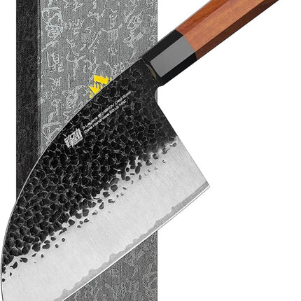 FINDKING Dynasty Series Serbian Chefs Knife with Leather Sheath, Heavy Duty Meat Cleaver, 9Cr18MoV High Carbon Steel Blade, African Rosewood Octagonal Handle, for Meat, Chicken Bones, 6.5 Inches