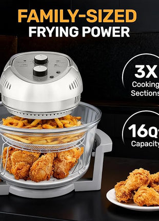Big Boss 16Qt Large Glass Air Fryer Non Toxic – Family Sized Large Halogen Oven Cooker with 3 Cooking Sections, Stainless Steel Racks, French Fries, Chicken, No Preheat, Self Cleaning, Dishwasher Safe