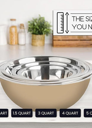 WHYSKO Meal Prep Stainless Steel Mixing Bowls Set, Home, Refrigerator, and Kitchen Food Storage Organizers | Ecofriendly, Reusable, Heavy Duty (Khaki)