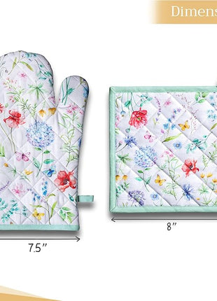 Maison d' Hermine 100% Cotton Oven Mitt & Pot Holder Set (7.5"x13" & 8"x8") Heat Resistant BBQ Cooking Gloves with Loop, Baking, Grilling, Kitchen, Handling Hot Pans Spring/Summer (Just Floral)