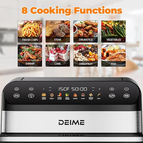 DEIME Dual Zone Air Fryer 10.6 QT Double 1800W Large Capacity Oven Air Fryers Healthy Cooker with 8 Preset, Large AirFryer for Families Visual Cooking Window, Non-Stick Basket, Included Recipe