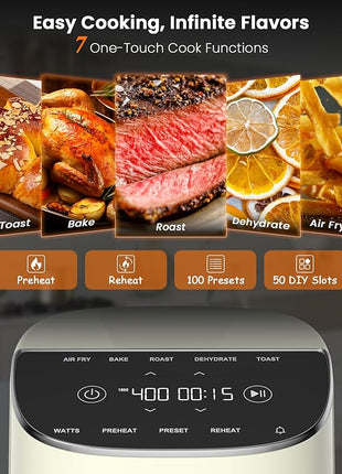 Nuwave Brio Plus Air Fryer 8 Qt, New & Improved, PFAS-FREE, 7 Digital One-Touch Cook Functions that AIR FRY, BAKE, ROAST, DEHYDRATE, TOAST, REHEAT, PREHEAT, 150 Presets, 50°F~400°F (Cream)