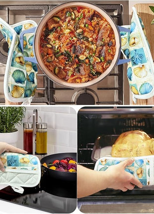 Pot Holders Set of 2 Heat Resistant 480 ℉Non Slip Clear Silicone Printed Comfortable Cotton Lining Kitchen Women Men Cooking Baking Microwave Machine Washable (Shell, Beige potholders)