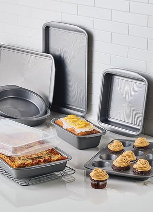 Circulon Nonstick Heavy Gauge Steel Bakeware Set with Rolled Pan Edges Loaf Pan, Cookie Pan, Baking Pans, Cake Pans, Muffin Pan and Cooling Rack (10-Piece, Gray)