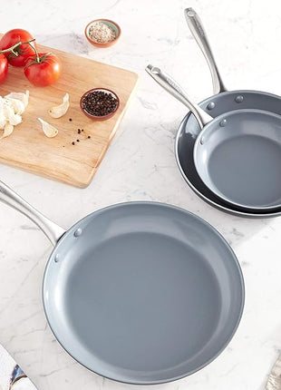 GreenPan Lima Hard Anodized 8" 10" & 12" Frying Pan Skillet Set, Ceramic Nonstick, PFAS-Free Nontoxic Pots & Pans, Oven & Broiler Safe, Stainless Steel Handles, Cookware for Eggs & Omelet, Gray