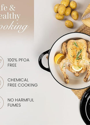 Nuovva Enamelled Cast Iron Dutch Oven Pot with Lid – 6.4 Quart Non Stick Casserole Pot – Heavy Duty & Oven Safe up to 500° F for Bread Baking, Braising, Stews, Roasting – 28cm Black