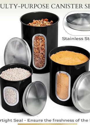Mixpresso 3-Piece Black Canisters Sets For The Kitchen, Airtight Canister Set With See Through Window, Storage Jars for Coffee Container, Tea Organizer & Sugar Canister, Black Kitchen Canisters