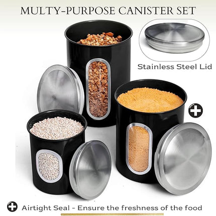Mixpresso 3-Piece Black Canisters Sets For The Kitchen, Airtight Canister Set With See Through Window, Storage Jars for Coffee Container, Tea Organizer & Sugar Canister, Black Kitchen Canisters