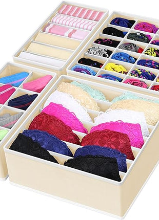 Simple Houseware 4-Pack Drawer Organizer Set - Closet Dividers for Underwear, Socks, Bras, Scarves, Ties - Foldable Non-Woven Storage Boxes, Beige