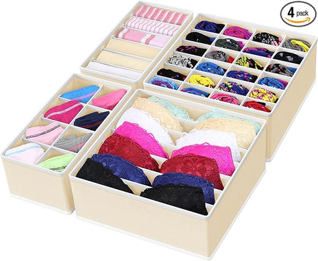 Simple Houseware 4-Pack Drawer Organizer Set - Closet Dividers for Underwear, Socks, Bras, Scarves, Ties - Foldable Non-Woven Storage Boxes, Beige