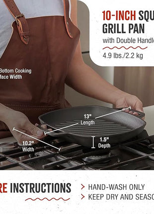 Victoria Cast Iron Square Grill Pan with Double Loop Handles, Made in Colombia, 10 Inches