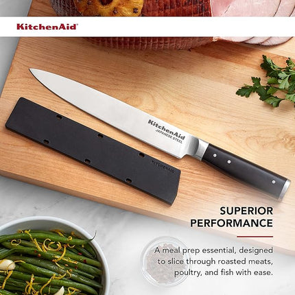 KitchenAid Gourmet Forged Triple Rivet Slicing Knife with Custom-Fit Blade Cover, 8-inch, Sharp Kitchen Knife, High-Carbon Japanese Stainless Steel Blade, Black