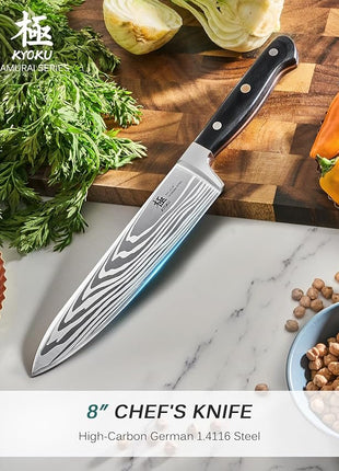 KYOKU 8" Chef Knife, Samurai Series Japanese Chef's Knife with Sharpening Stone, High Carbon Steel Kitchen Knife with Pakkawood Handle Mosaic Pin Gift Box for Meat Vegetable Fruit Chopping Slicing