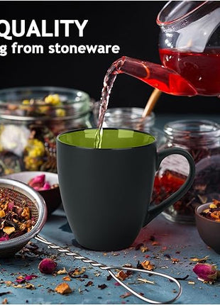 MIAMIO - Set of 6 Stoneware Coffee Mugs 12 Ounce/Cup Set - Le Papillon Collection (Black-Green)