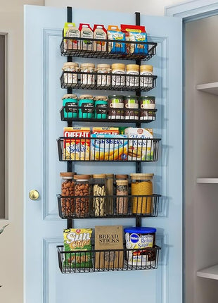 Over The Door Pantry Organizer, Pantry Organization and Storage, 6-Tier Deep Baskets Hanging Heavy-Duty Metal, Wall Spice Rack Seasoning Shelves for Home & Kitchen, Laundry Room Bathroom, Black