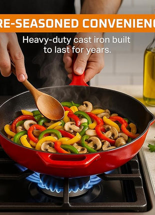 Bruntmor 12-Inch Enameled Cast Iron Skillet - Pre-Seasoned Frying Pan for Cooking, Grilling, and Baking - Smooth Nonstick Cast Iron Pan - Oven Safe and Durable Cookware for Versatile Use - Red