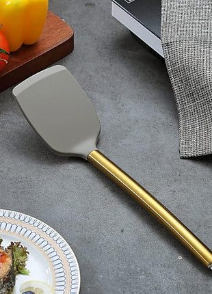 Berglander Non-stick Silicone Solid Turner, Titanium Gold Plating handle, Barbecue Spatula for Cooking, Dishwasher Safe, Easy to Clean