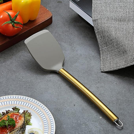 Berglander Non-stick Silicone Solid Turner, Titanium Gold Plating handle, Barbecue Spatula for Cooking, Dishwasher Safe, Easy to Clean