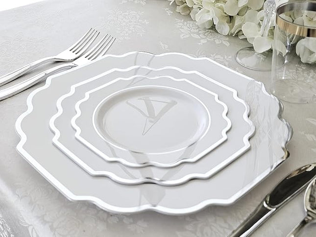 " OCCASIONS " 50 Plates Pack (25 Guests)-Heavyweight Wedding Party Disposable Plastic Plate Set -(25x10.5'' Dinner + 25x8'' Salad/Dessert) (Imperial in White & Silver Rim)