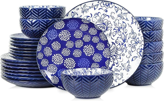Selamica Ceramic Dinnerware Sets, 24 Pieces Dishes Set for 8, Embossed Plates and Bowls Sets for Holiday Celebrations, Dishwasher & Microwave Safe, Dark Blue