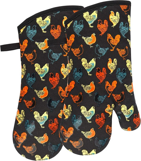 Oven Mitts Gloves 1 Pair Heat Resistant 480 ℉ Non Slip Clear Silicone Printed Rooster Comfortable Cotton Lining Kitchen Men Cooking Barbecue Machine Washable (Rooster, Black Mittens)