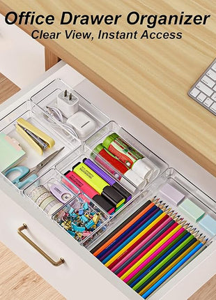 SMARTAKE 7-Piece Drawer Organizer with Non-Slip Silicone Pads, 4-Size Desk Drawer Organizer Trays Storage Tray for Makeup, Jewelries, Utensils in Bedroom Dresser, Office and Kitchen (Clear)