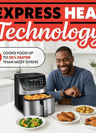 Gourmia Air Fryer - 8 Qt Extra Large Capacity, FryForce360º, Digital Display with 12 Presets, Roast, Bake, Broil, Dehydrate, Dishwasher Safe Accessories, Stainless Steel