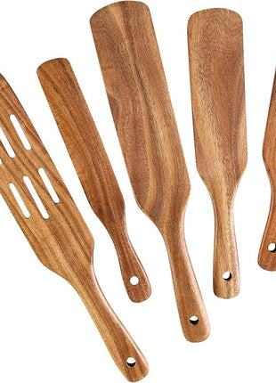 Wooden Spurtles Set for Cooking, 5 Pcs Natural Teak Wood Slotted Spurtles for Stirring, Mixing, Serving, Non-Stick Heat-Resistant Kitchen Utensils Tools