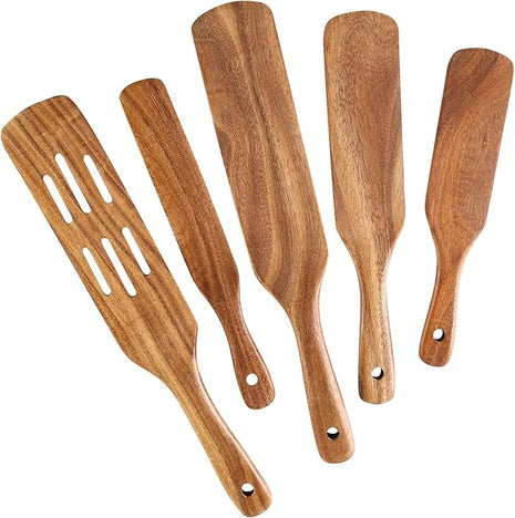Wooden Spurtles Set for Cooking, 5 Pcs Natural Teak Wood Slotted Spurtles for Stirring, Mixing, Serving, Non-Stick Heat-Resistant Kitchen Utensils Tools