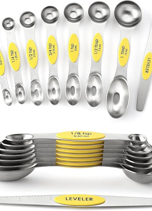Spring Chef Magnetic Measuring Spoons Set, Dual Sided, Stainless Steel, Fits in Spice Jars, Yellow, Set of 8, 2 Pack