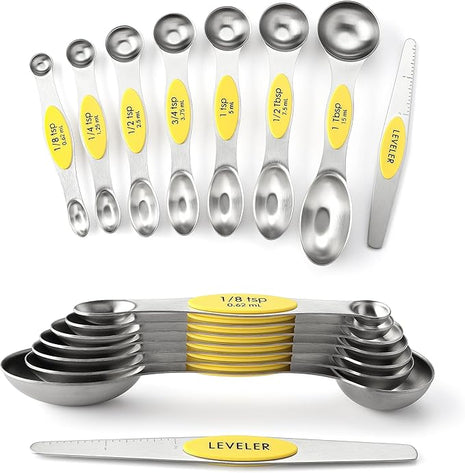 Spring Chef Magnetic Measuring Spoons Set, Dual Sided, Stainless Steel, Fits in Spice Jars, Yellow, Set of 8, 2 Pack
