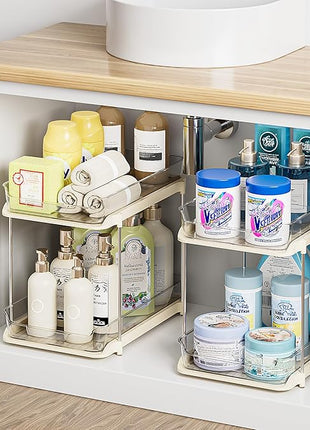 Delamu 2-Tier Multi-Purpose Bathroom Under Sink Organizers and Storage, Stackable Kitchen Pantry Organization, Pull Out Medicine Cabinet Organizer with Movable Dividers, Beige, 4 Pack