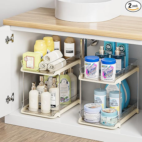 Delamu 2-Tier Multi-Purpose Bathroom Under Sink Organizers and Storage, Stackable Kitchen Pantry Organization, Pull Out Medicine Cabinet Organizer with Movable Dividers, Beige, 2 Pack