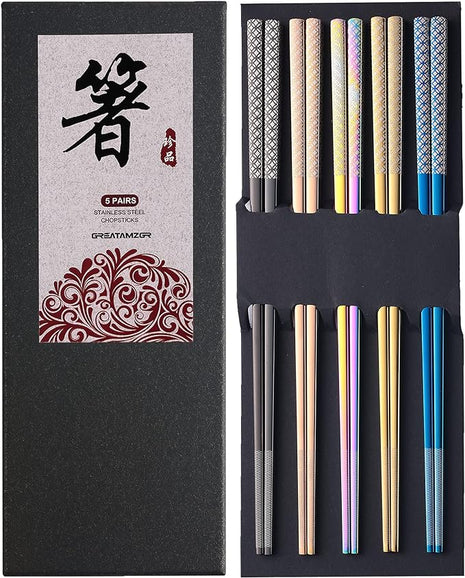 Metal Chopsticks Reusable Multicolor Stainless Steel Chopsticks Dishwasher Safe Chop Sticks Laser Engraved Copper Coin Pattern Square Non-slip, 9 1/4 Inches 5 Pairs Gift Set