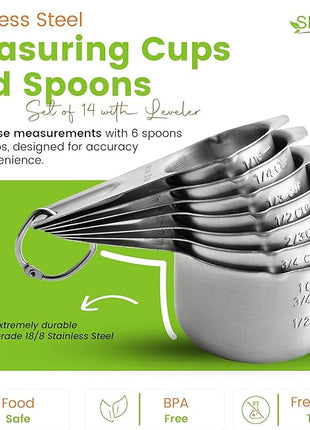 Spring Chef Stainless Steel Measuring Cups and Spoons Set of 14 with Leveler, Nesting Kitchen Metal Measuring Cups and Spoons Set for Dry and Liquid Ingredients, Perfect for Cooking & Baking