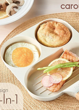 CAROTE Egg Pan Omelette Pan, 3-In-1 Divided Nonstick Grill Pan, Pancake Pan and Healthy Egg CookerSuitable for Gas Stove & Induction Cookware, White Granite