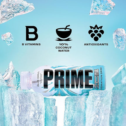 PRIME Hydration ICE BLUE CHILL, Sports Drinks, Electrolyte Enhanced for Ultimate Hydration, 250mg BCAAs, B Vitamins, Antioxidants, Low Sugar, 16.9 Fl Oz, 12 Pack