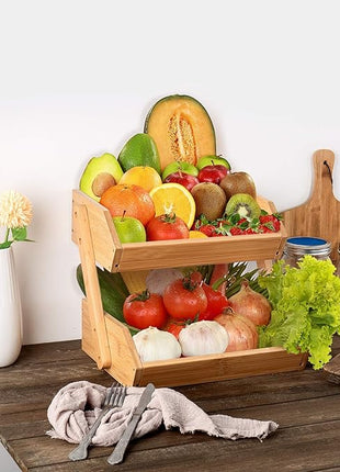 2 Tier Fruit Basket For Kitchen- Bamboo Fruit and Vegetable Storage Bowl Stand For Kitchen Countertop, , Produce Basket Fruit Holder for Potato, Onion, Bread, Snack Storage