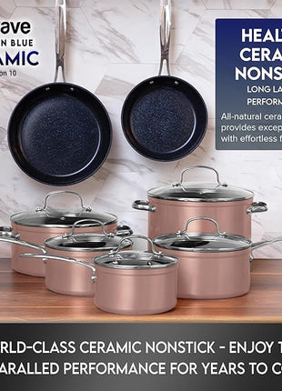 Nuwave Healthy Duralon Blue Ceramic Nonstick Cookware Set, Diamond Infused Scratch-Resistant, PFAS Free, Dishwasher & Oven Safe, Induction Ready & Evenly Heats, Tempered Glass Lids & Stay-Cool Handles