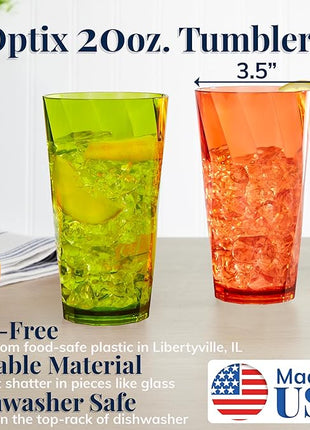 US Acrylic Optix Plastic Reusable Drinking Glasses (Set of 8) 20oz Water Cups in Jewel Tone Colors | BPA-Free Tumblers, Made in USA | Top-Rack Dishwasher Safe
