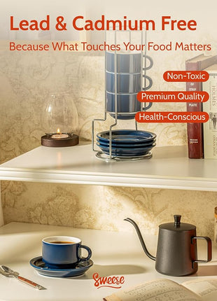 Sweese 8 Ounce Porcelain Stackable Cappuccino Cups with Saucers and Metal Stand - for Specialty Coffee Drinks, Cappuccino, Latte, Americano and Tea - Set of 4, Navy