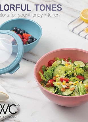 COOK WITH COLOR Mixing Bowls with TPR Lids - 12 Piece Plastic Nesting Bowls Set includes 6 Prep Bowls and 6 Lids, Microwave Safe Mixing Bowl Set (Multicolored Set with Large Blue Bowl)