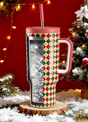 Meoky 40 oz Christmas Tumbler with Handle and Straw, Xmas Tumbler with Lid and Straw, Insulated Stainless Steel Travel Mug, Christmas Gifts for Women Men Adults (Winter Plaid)