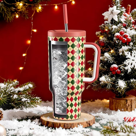 Meoky 40 oz Christmas Tumbler with Handle and Straw, Xmas Tumbler with Lid and Straw, Insulated Stainless Steel Travel Mug, Christmas Gifts for Women Men Adults (Winter Plaid)
