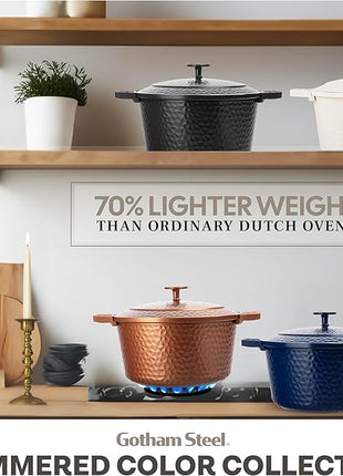 Gotham Steel Hammered 5 Qt Lightweight Dutch Oven Pot with Lid & Holders, Ceramic Non Toxic, Oven Safe & Even Heat Retaining Dutch Oven for Bread Baking Sourdough, Soup, 70% Lighter than Cast Iron