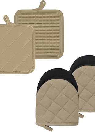 Oven Mitts and Pot Holders Set, Pack of 4, Heat Resistant Silicone Kitchen Mini Oven Mittens for 500 Degrees, Mini Oven Gloves and Hot Pads for Baking Grilling Barbecue Microwave Machine Washable