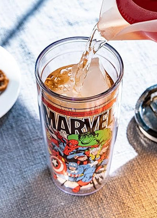 Silver Buffalo Marvel Avengers Featuring Spider-Man, Captain America, Thor, Hulk, and Iron Man Double Wall Travel Tumbler with Slide Close Lid, 20 Ounces