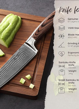 Wakoli EDIB 2-Piece Damascus Kitchen Knife Set – Santoku & Small Santoku with VG10 Core made of 67-Layer Damascus Steel Blades – Professional Chef Knives with Ergonomic Pakkawood Handles in Gift Box